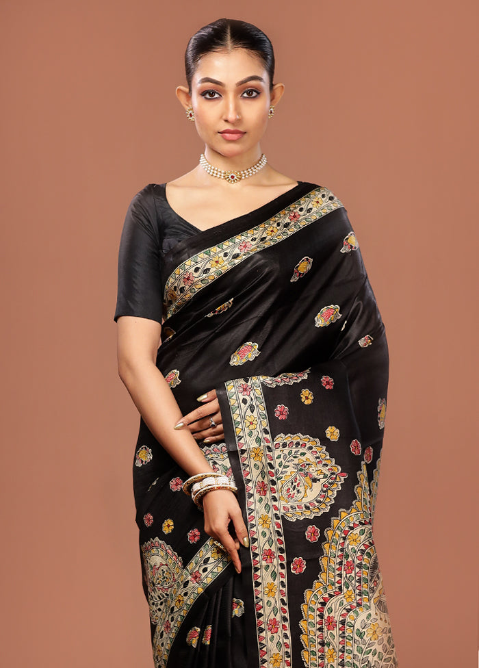 Black Printed Pure Silk Saree Without Blouse Piece