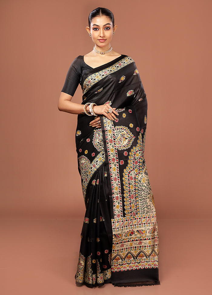 Black Printed Pure Silk Saree Without Blouse Piece