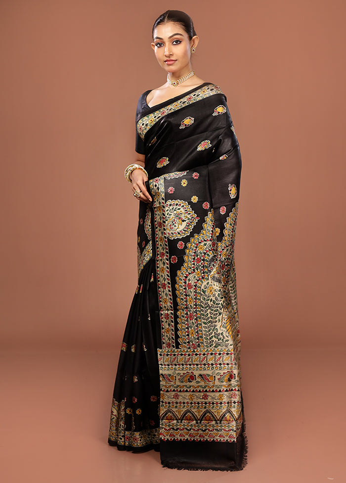 Black Printed Pure Silk Saree Without Blouse Piece