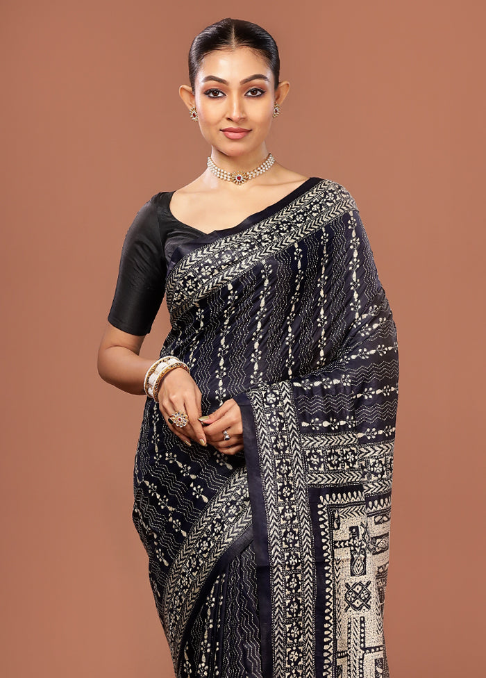 Black Kantha Stitch Pure Silk Saree With Blouse Piece