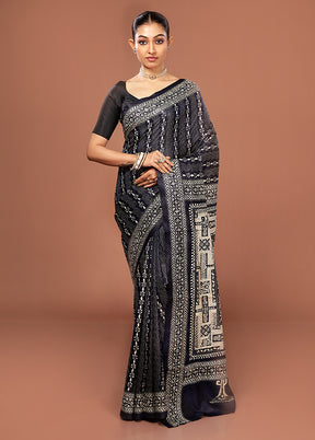 Black Kantha Stitch Pure Silk Saree With Blouse Piece