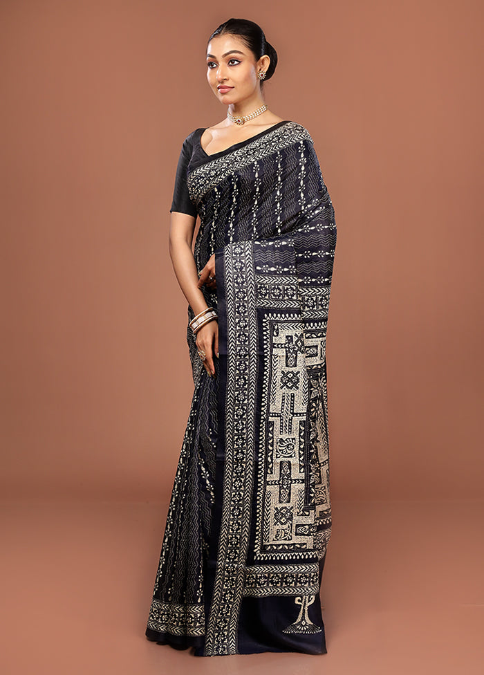 Black Kantha Stitch Pure Silk Saree With Blouse Piece