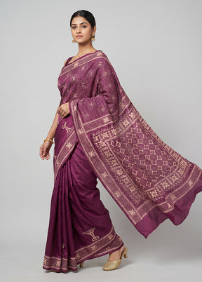Maroon Handloom Kantha Stitch Pure Silk Saree With Blouse Piece