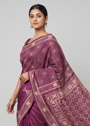 Maroon Handloom Kantha Stitch Pure Silk Saree With Blouse Piece
