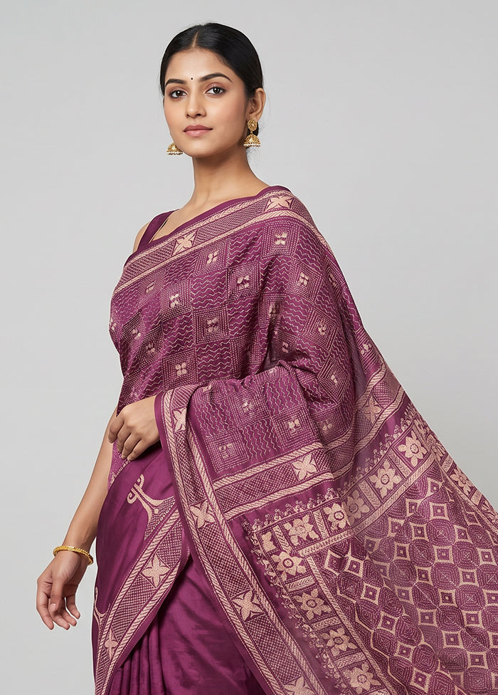 Maroon Handloom Kantha Stitch Pure Silk Saree With Blouse Piece