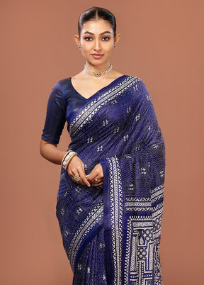 Blue Kantha Stitch Pure Silk Saree With Blouse Piece