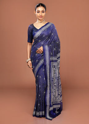 Blue Kantha Stitch Pure Silk Saree With Blouse Piece