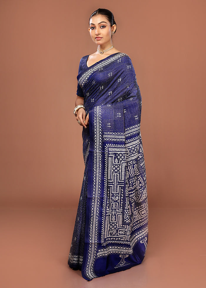 Blue Kantha Stitch Pure Silk Saree With Blouse Piece