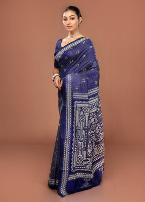 Blue Kantha Stitch Pure Silk Saree With Blouse Piece