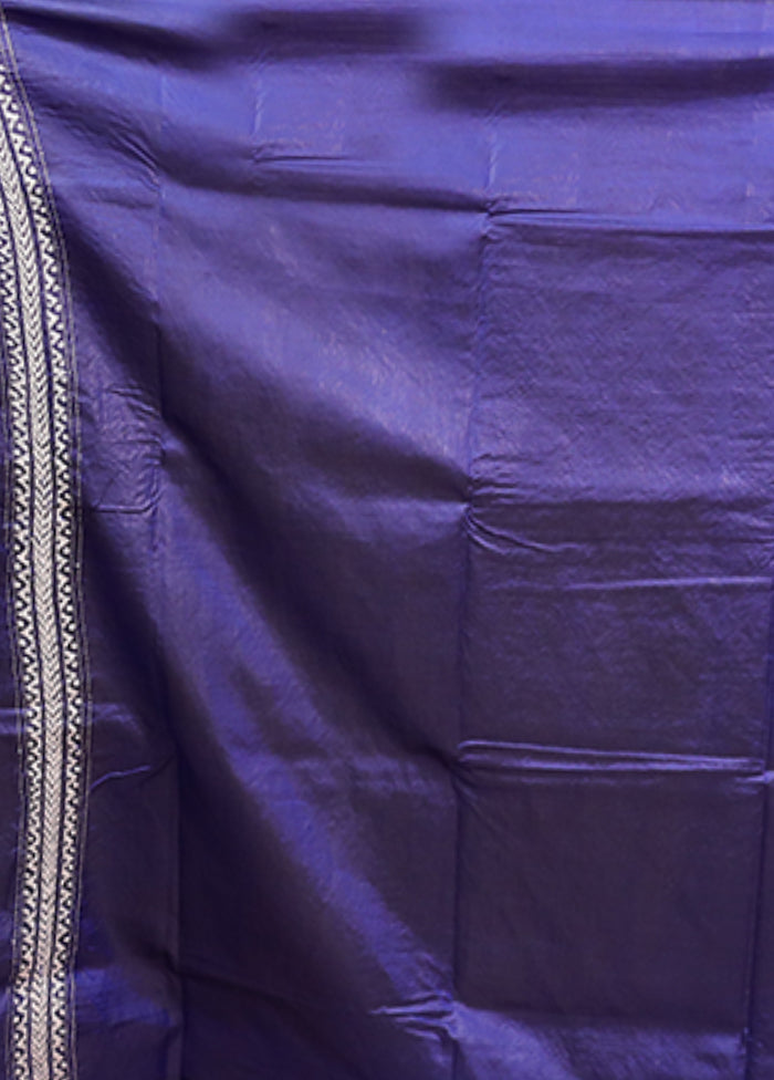 Blue Kantha Stitch Pure Silk Saree With Blouse Piece