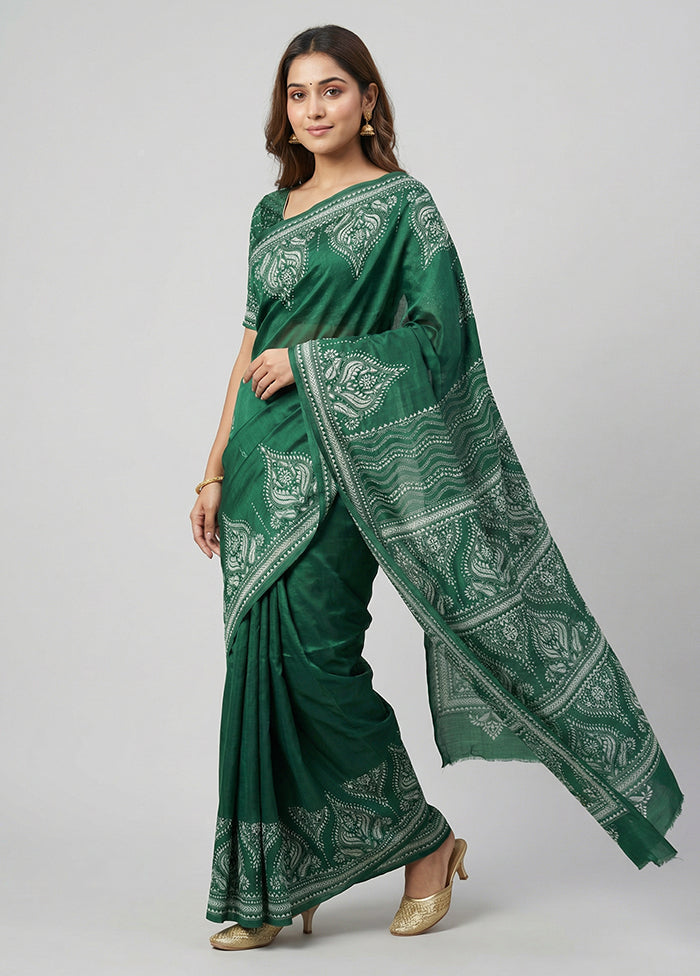 Green Handloom Kantha Stitch Pure Silk Saree With Blouse Piece