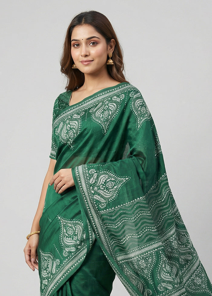 Green Handloom Kantha Stitch Pure Silk Saree With Blouse Piece