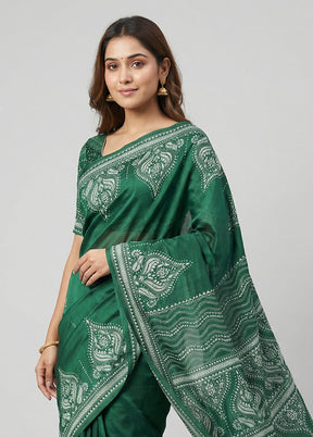 Green Handloom Kantha Stitch Pure Silk Saree With Blouse Piece