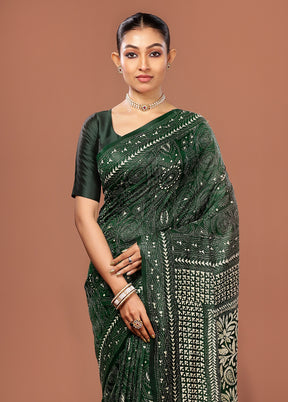 Green Kantha Stitch Pure Silk Saree With Blouse Piece