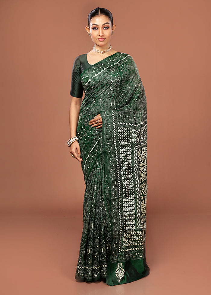 Green Kantha Stitch Pure Silk Saree With Blouse Piece