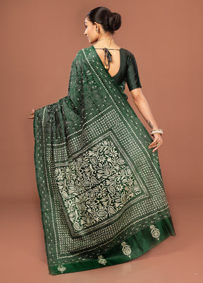 Green Kantha Stitch Pure Silk Saree With Blouse Piece