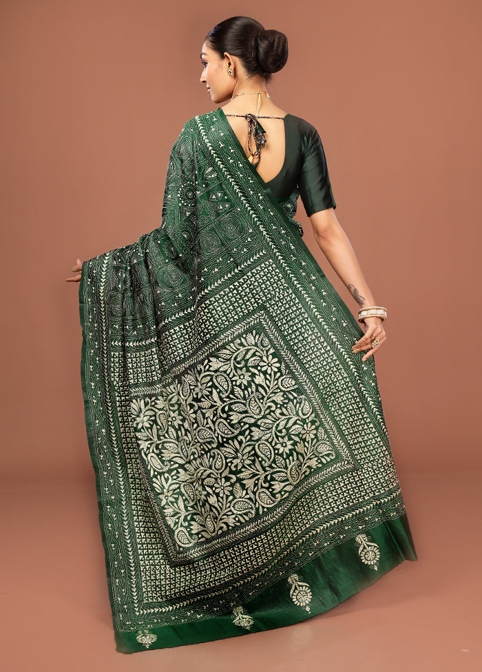 Green Kantha Stitch Pure Silk Saree With Blouse Piece