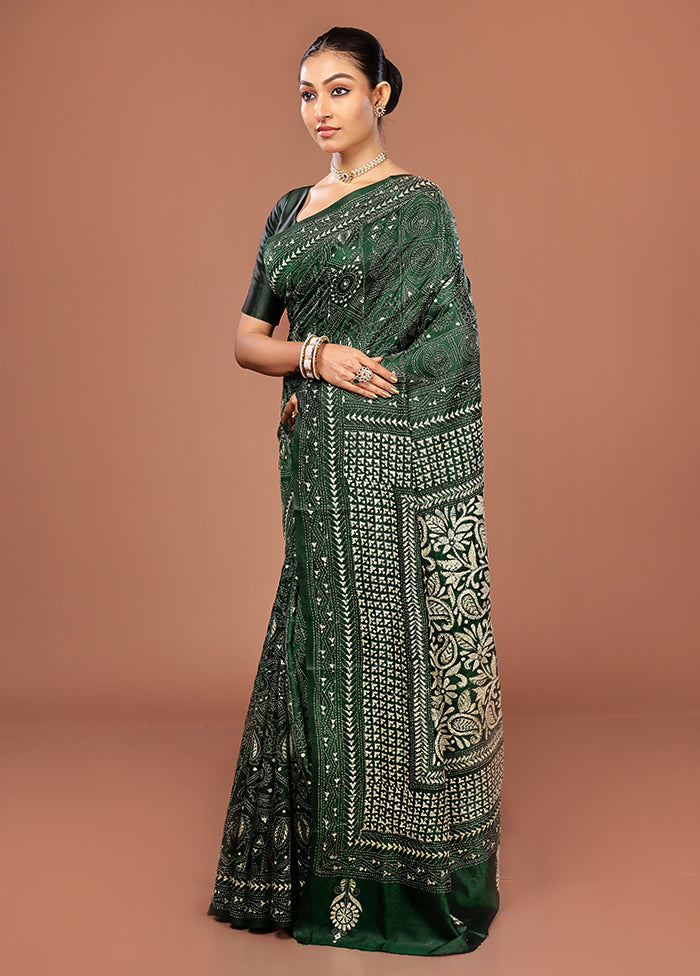 Green Kantha Stitch Pure Silk Saree With Blouse Piece
