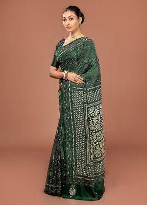 Green Kantha Stitch Pure Silk Saree With Blouse Piece