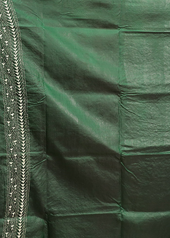 Green Kantha Stitch Pure Silk Saree With Blouse Piece