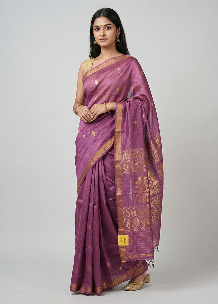 Purple Handloom Tussar Pure Silk Saree With Blouse Piece