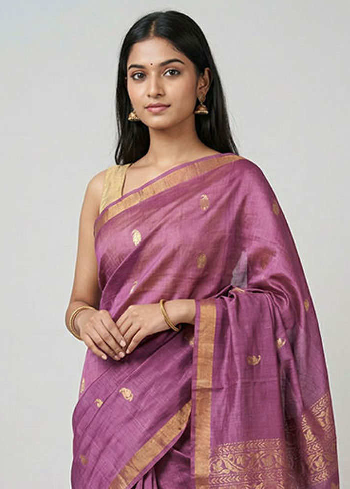 Purple Handloom Tussar Pure Silk Saree With Blouse Piece