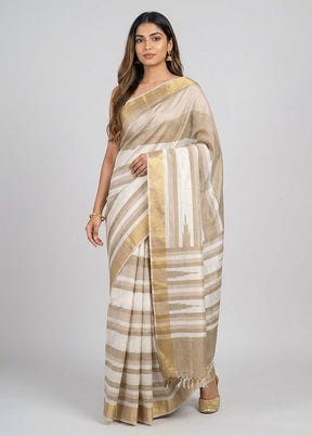 Cream Handloom Tussar Pure Silk Saree With Blouse Piece