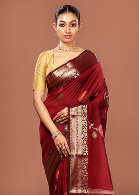 Maroon Kora Silk Saree With Blouse Piece