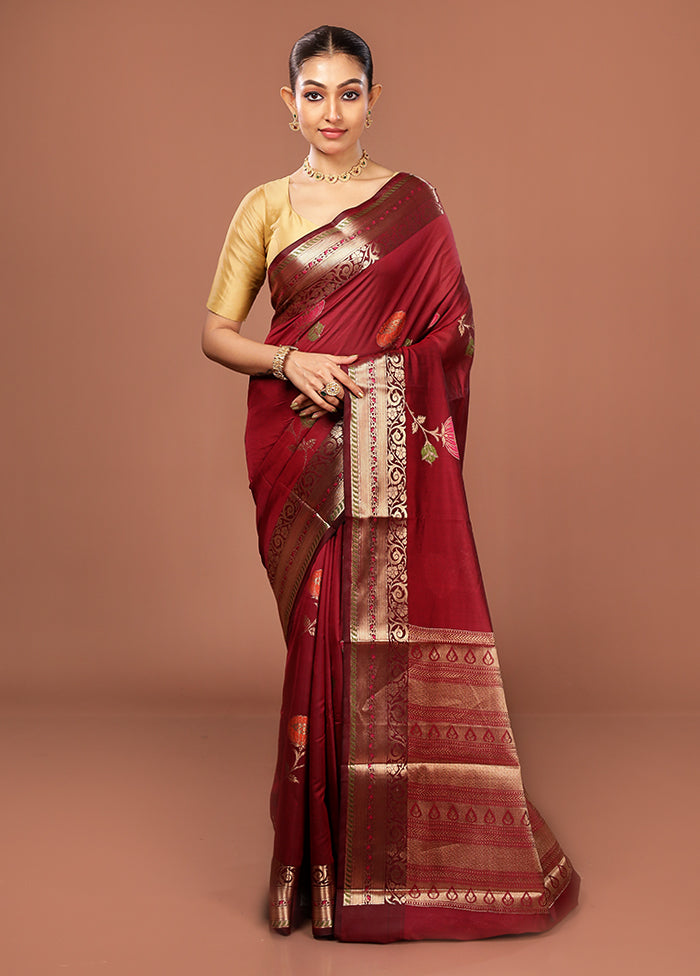 Maroon Kora Silk Saree With Blouse Piece