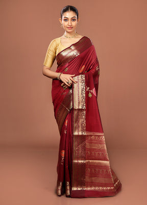 Maroon Kora Silk Saree With Blouse Piece