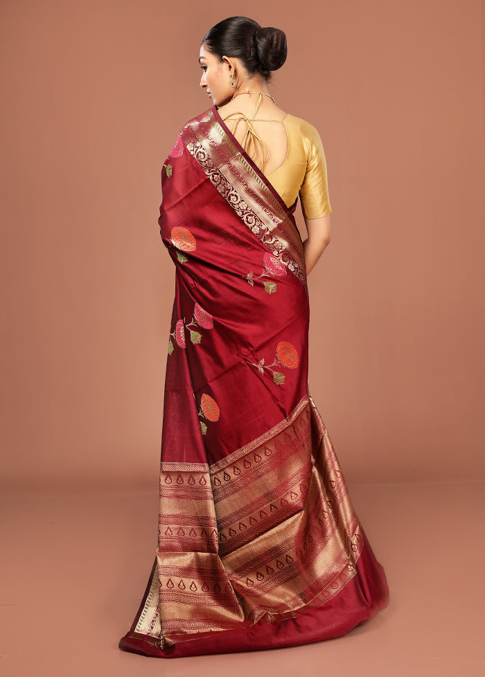 Maroon Kora Silk Saree With Blouse Piece