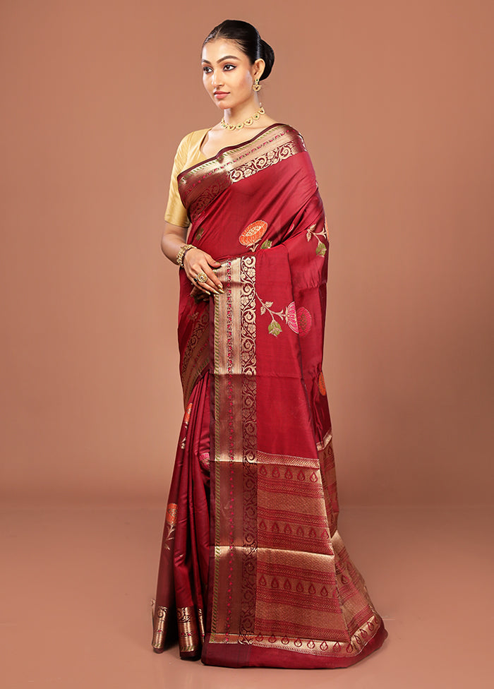 Maroon Kora Silk Saree With Blouse Piece