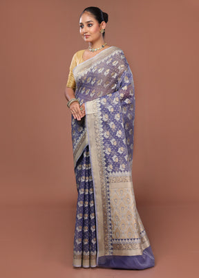 Blue Kora Silk Saree With Blouse Piece