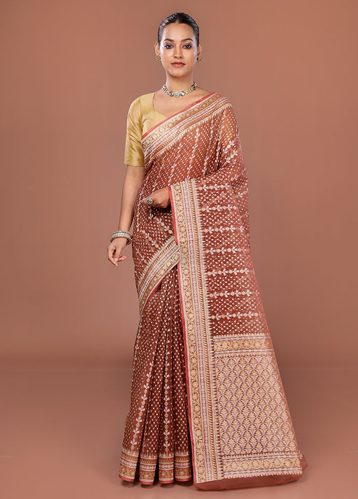 Rust Kora Silk Saree With Blouse Piece