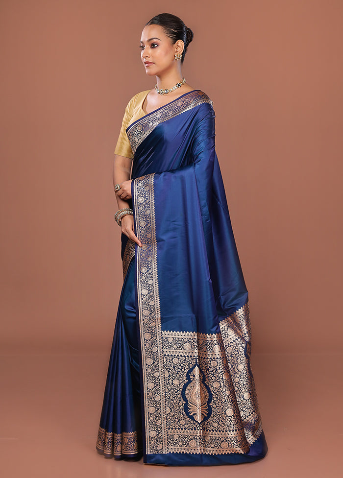 Blue Banarasi Silk Saree With Blouse Piece