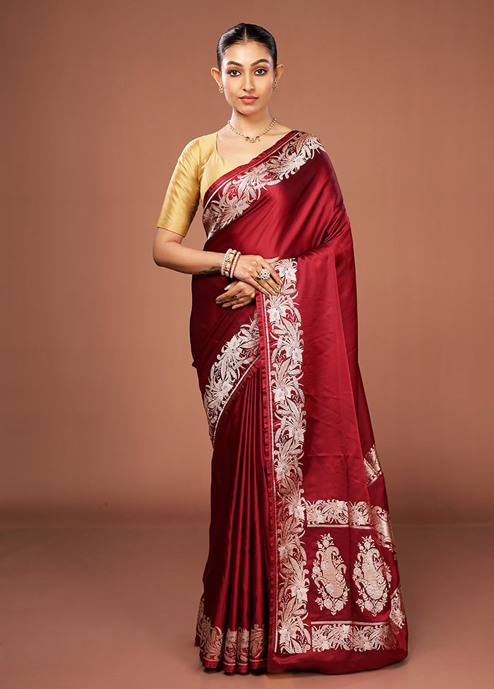 Maroon Banarasi Silk Saree With Blouse Piece