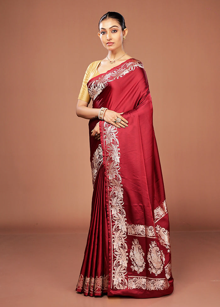 Maroon Banarasi Silk Saree With Blouse Piece
