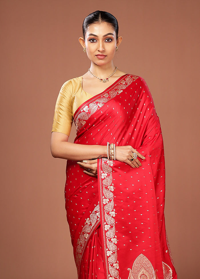 Red Banarasi Silk Saree With Blouse Piece
