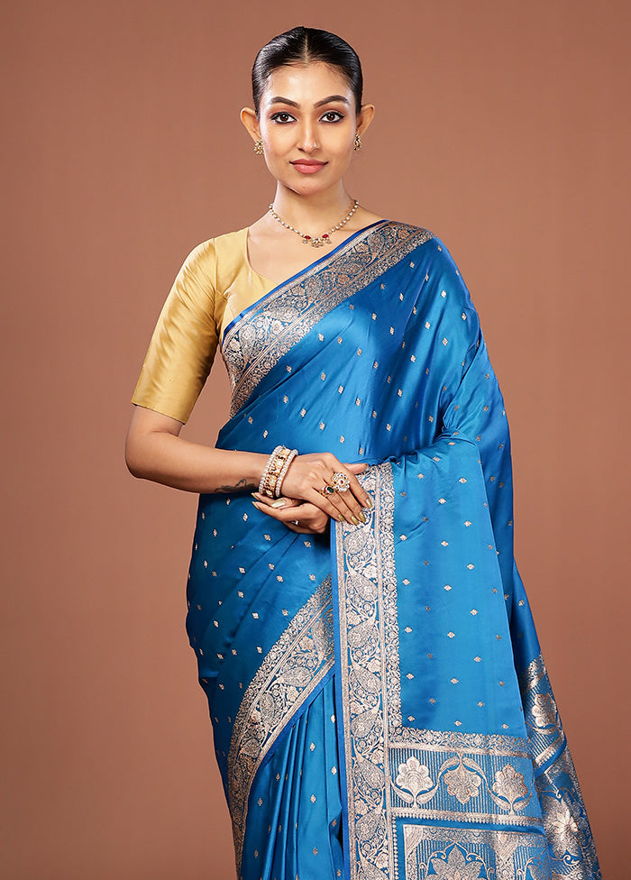 Blue Banarasi Silk Saree With Blouse Piece