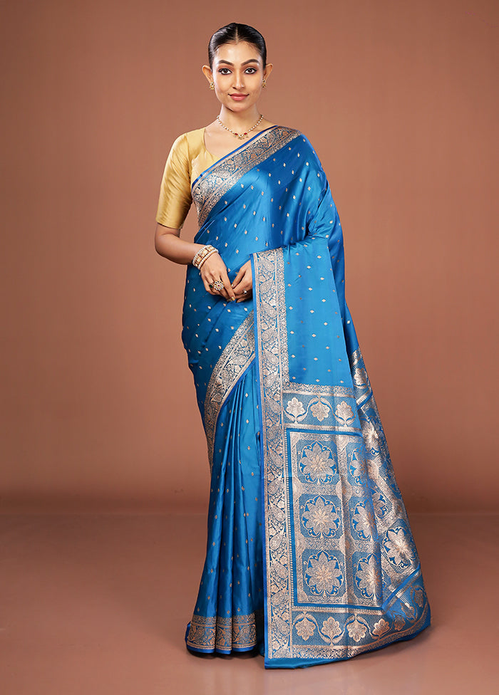 Blue Banarasi Silk Saree With Blouse Piece