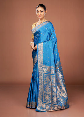 Blue Banarasi Silk Saree With Blouse Piece