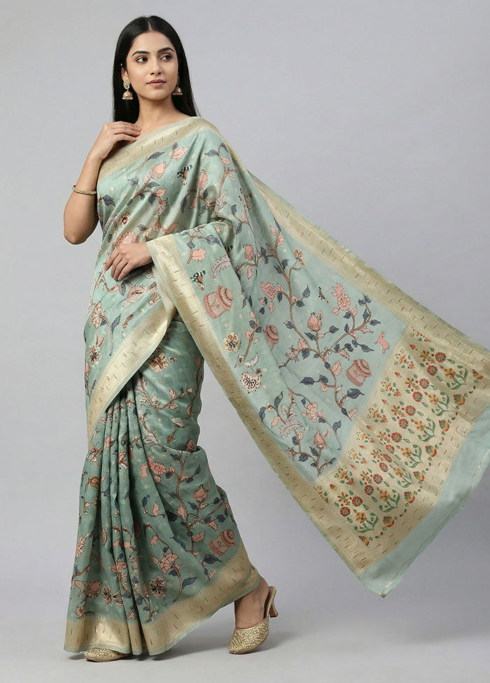 Green Dupion Silk Saree With Blouse Piece