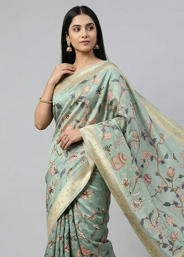 Green Dupion Silk Saree With Blouse Piece