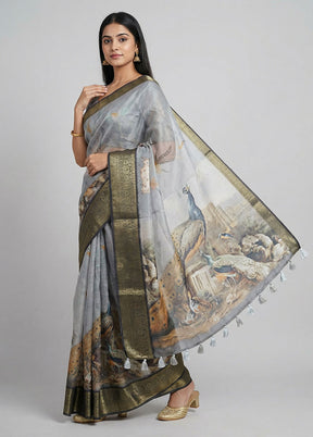 Grey Dupion Silk Saree With Blouse Piece