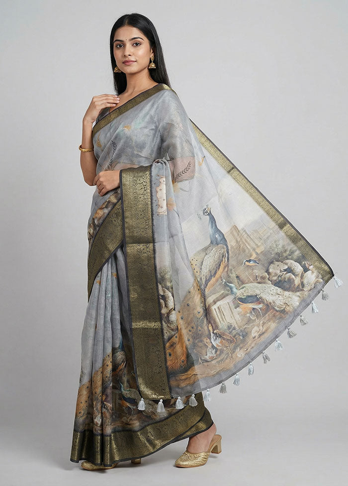 Grey Dupion Silk Saree With Blouse Piece