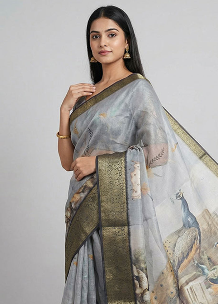 Grey Dupion Silk Saree With Blouse Piece