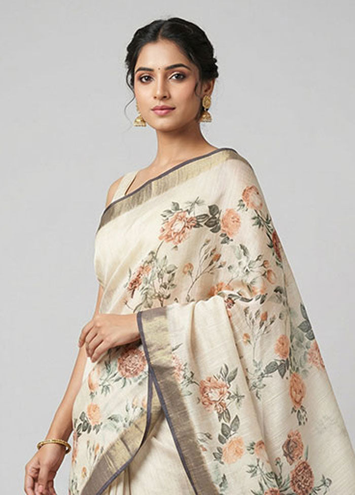 Cream Tussar Silk Saree With Blouse Piece