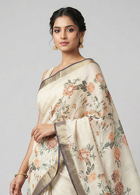 Cream Tussar Silk Saree With Blouse Piece
