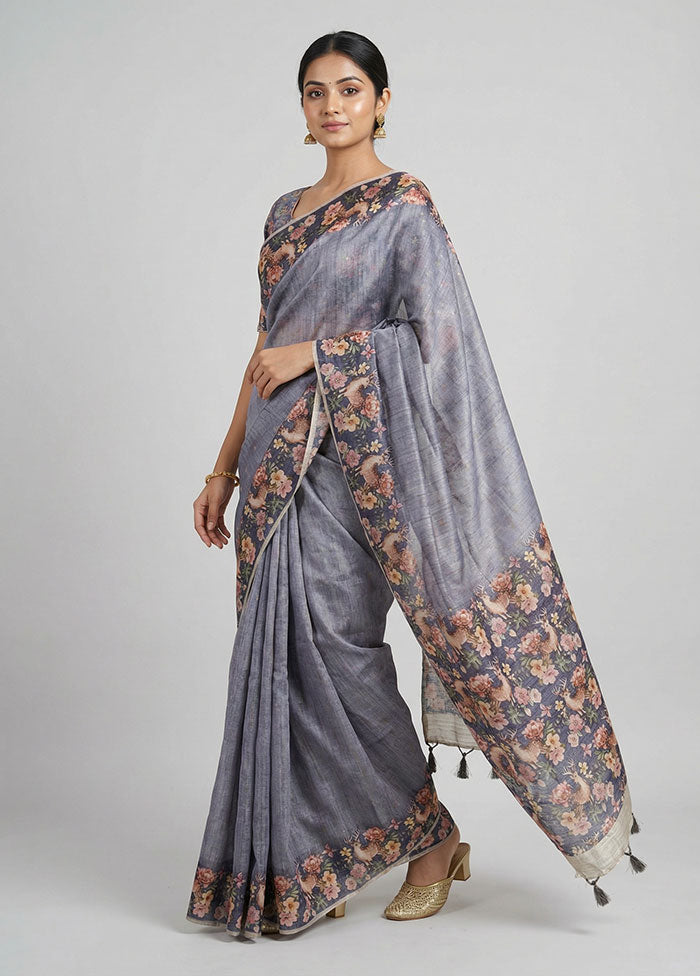 Blue Tussar Silk Saree With Blouse Piece