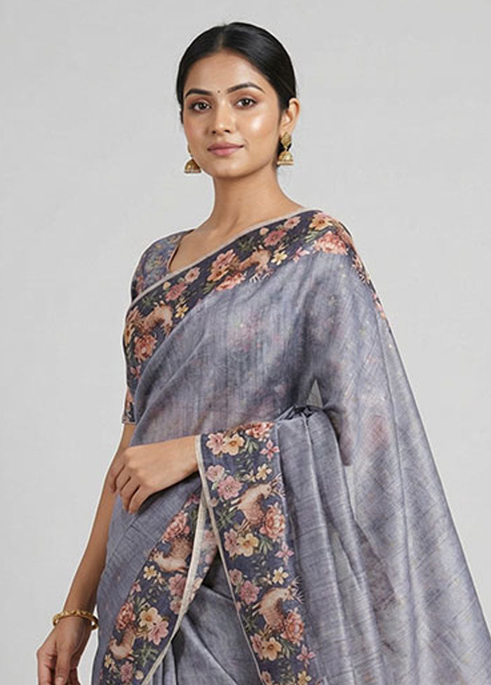 Blue Tussar Silk Saree With Blouse Piece